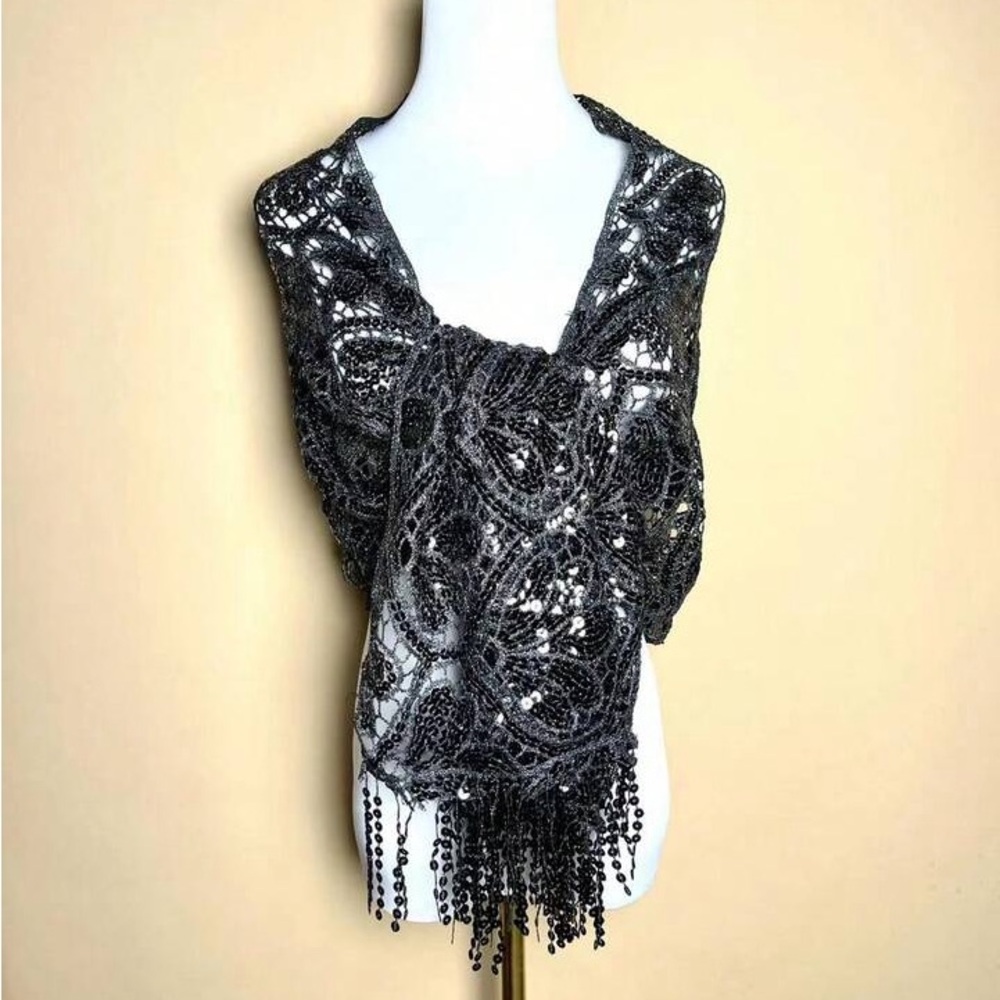 Black Lace Knit Shawl Scarf with Beaded Fringe - Picture 3 of 14